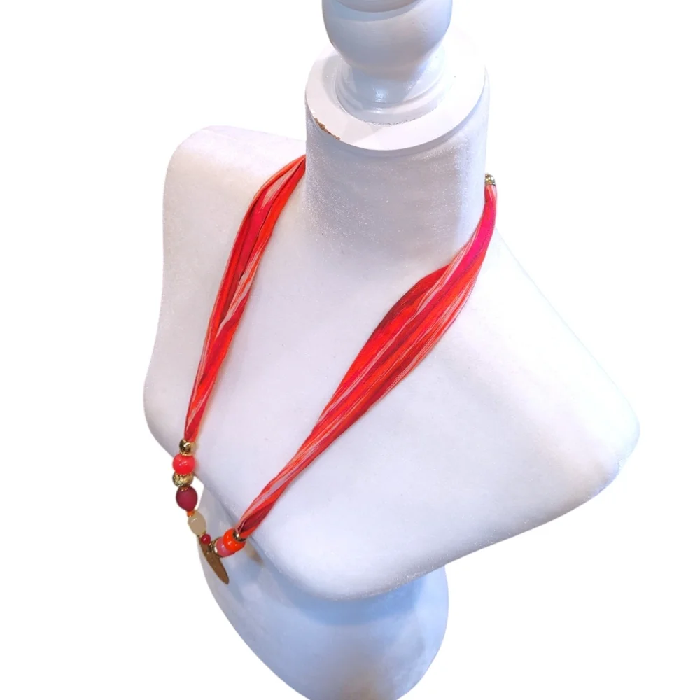 Chicos Pink Orange Beaded Scarf Pendant Statement Necklace Fashion Jewelry